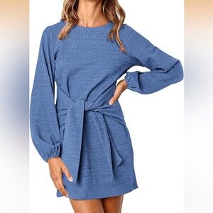 Blue Long Sleeve Dress with Waist Tie